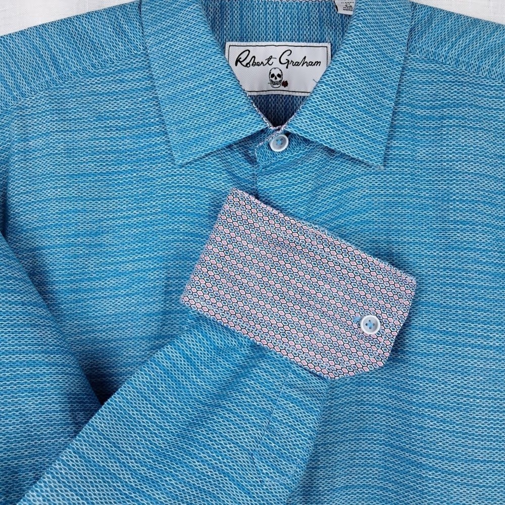 Robert Graham M BRIXTON Linen Blend Button Up Shirt Turquoise Blue Flip Cuff